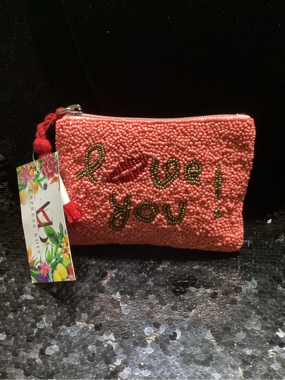 Beaded Coral Zip Pouch -